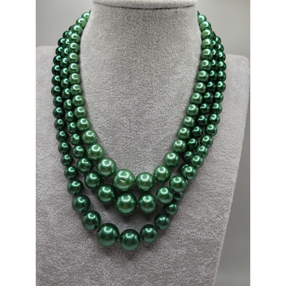 Vintage Japan Green Faux Pearl Multistrand Necklace 15–17 Inch Graduated